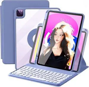 Keyboard Case for iPad 11 inch 2025(A16)/iPad 10 2022, Vertical Case with Pencil Holder, Magnetic Stand Rotating Detachable Clear Back (Lavender Gray)