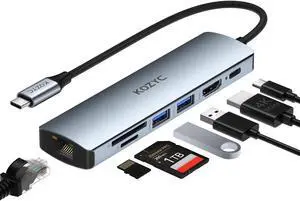 USB C Hub with Ethernet, KOZYC 7 in 1 USB-C Hub Multiport Adapter to HDMI 4K 60Hz, 1Gbps Ethernet, 100W PD Charging, 2 USB 3.0 Data, SD/TF Card Slots Port, Compatible with Laptop, Macbook Pro, UHDTV