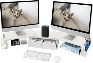 RUILALIFE Dual Monitor Stand Riser w/ Drawer & Metal Leg, Large White Computer Monitor Riser w/ Storage For 2 Monitors, Desk Shelf For Monitor w/ Adjustable Length & Angle, Desktop Organizer