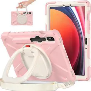 360 Rotation Case for Samsung Galaxy Tab S9 11'' 2023/S8 2022/S7 2020with Shoulder Strap S Pen Holder Rotatable Kickstand/Handle Rugged Silicone Case (Pink)