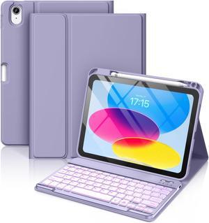 Hamile iPad 10th Generation Case with Keyboard 10.9 Inch - 7 Colors Backlit Wireless Detachable Folio Keyboard Cover with Pencil Holder for New iPad 10th Gen 2022 (Lavender)