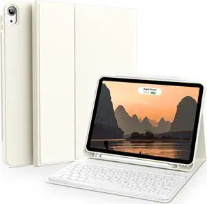 aoub Case for iPad Air 11-inch M3/M2 2025/2024, iPad Air 5th/4th Generation 10.9 inch 2022/2020, Stand Folio Detachable Wireless Bluetooth Keyboard Cover with Pencil Holder, White