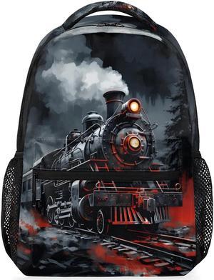 Vintage Train Kids Backpack for Boys Girls, 16 Inch School Backpack Locomotive Train Elementary School Bag Students Bookbags Travel Laptop Backpacks Casual Daypack