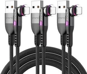 Statik PowerPivot 12W USB to iPhone Compatible Charging Cable - Right Angle Cable with 360 Degree Rotating Head, 90 Degree Swivel, iPhone Compatible Charging Cable & Data Transfer - 3FT/1M 3-Pack