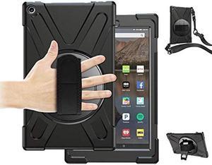 Fire HD 10 Case (2019/2018/2017 Release), Three Layer Heavy Duty Shockproof Rugged Protective High Impact Cover Case W/ Stand Hand Strap & Shoulder Strap for  Kindle Fire HD 10.1 Inch Tablet - Black