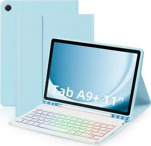 EAMPANG Case with Keyboard for Samsung Galaxy Tab A9 Plus 11 inch (SM-X210/X215/X216/X218),7 Color Rainbow Backlight Detachable USB-C Keyboard Magnetic Case with Pen Slot for Tablet A9+ 5G Sky Blue