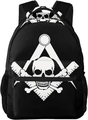 Gesey-R4T Cool Skull Freemason Logo Black Pattern Casual School Backpack Bag, Laptop Hiking Travel Shoulder Daypack College Bookbag for Men Woman Girls Boys Teens
