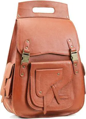 Handmade World Full Grain 18 Inch Leather Laptop Large Backpack Casual Bookbag Daypack Camping Travel Rucksack Knapsack (Tan Brown)