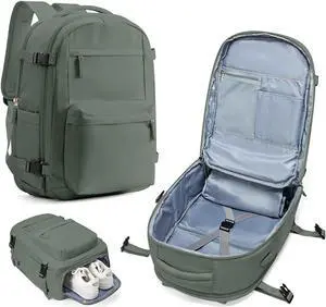 Large Travel Backpack For Women Men,Mochila de Viaje,Carry On Backpack with USB Charging Port & Shoe Pouch,Airline Approved Personal Item Travel Bag,Waterproof Luggage Backpack(Green)