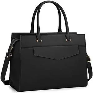Laptop Bag for Women 15.6 inch Leather Tote Bag 2pcs Set Professional Work Bag with Clutch Purse Large Office Computer Bag Teacher Bag Shoulder Bag, Black