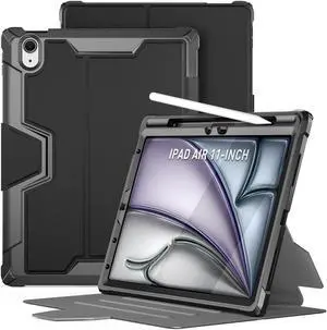 Poetic Explorer Case for iPad Air 11 inch M3 2025 / M2 2024, Full Body Tough Stand Folio Cover with Pencil Holder, Built-in Screen Protector for iPad Air 7th/6th/5th/4th Gen (2024/2022/2020), Black