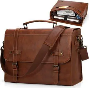 RAINSMORE Mens Messenger Bag 17 Inch Waterproof Vintage Leather Laptop Briefcase Large Laptop Bag Satchel Bag Computer Shoulder Bag for Office Business Travel College, Brown