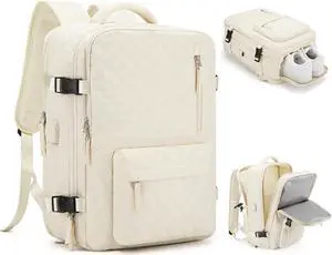 Travel Carry On Backpack for Women, Waterproof Laptop Backpack for Traveling on Airplane Hiking Gym Backpack with USB Charging Port Shoe Compartment, Beige