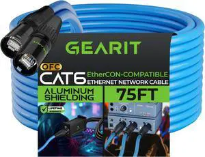GearIT CAT6 Ethernet Cable, EtherCON-Compatible (75 Feet) RJ45 Connectors for Pro Audio, Aluminum Shielded, Oxygen Free Copper - 75 ft. - Blue