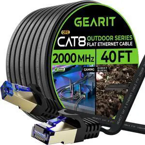 GEARit Cat 8 Outdoor Flat Ethernet Cable (40ft, Black) Direct Burial Rated LLDPE Jacket - Indoor Cat8 Shielded FTP 2000Mhz 40Gbps High Speed Gaming Computer Network RJ45 Snagless Patch Cord Internet