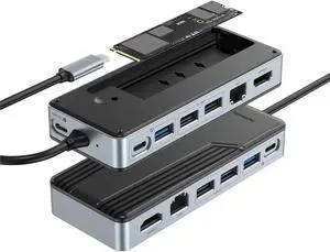 Yottamaster USB C Hub with 4TB M.2 NVMe SSD Enclosure, 8 Ports USB C HUB Adapter 10Gbps USB 3.2 Gen2, 4K@60Hz HDMI, 100W PD, Ethernet for Windows, Mac [Diskless] - YM28PR