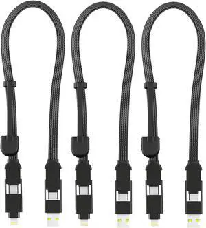 Rolling Square inCharge XL 6-in-1 Multi Charging Cable, (3X Pack) Portable USB and USB-C Cable 100W Ultra-Fast Charging, 1 Ft/0.3m, Black