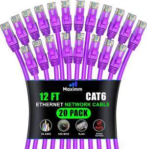 Maximm Cat 6 Ethernet Cable 12 ft (20-Pack) - High-Speed LAN Cable, Internet Cable, Patch Cable, and Network Cable - UTP, 10Gbps, 550MHz Ethernet Cord - Purple