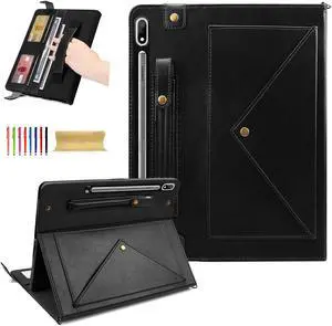 Dteck Galaxy Tab S10/S9/S8 Case, PU Leather Folio Stand Protective Cover with S Pen Holder, Card Slots, Shoulder Strap, Wallet Bag Case, Black
