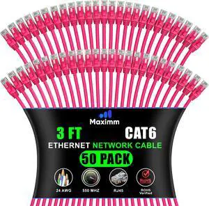 Maximm Cat 6 Ethernet Cable 3 ft (50-Pack) - High-Speed LAN Cable, Internet Cable, Patch Cable, and Network Cable - UTP, 10Gbps, 550MHz Ethernet Cord - Pink