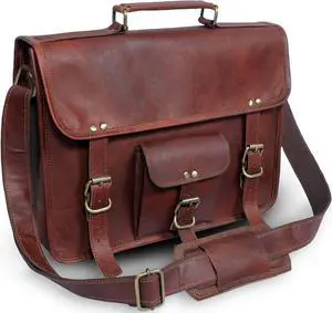 ANUENT Brown 15" Leather Messenger Bag Vintage Genuine Leather Briefcase Satchel ideal for 14" Laptop & ipad