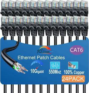 Cat 6 Ethernet Cable 5FT (24Pack), Cat6 Ethernet Patch Cable 10Gbps, High-Speed UTP Cat6 Network Cable Pure Copper, Cat 6 Cable for Home and Office Network, Black