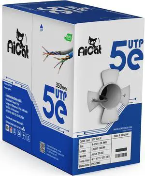 AiCat Cat 5e Ethernet Cable 1000ft, CMR- Insulated Solid Bare Copper Wire Cat5e Cable with FastReel, 24 AWG, ETL - 350MHZ / Gigabit Speed Unshielded UTP Network Cable (Gray)