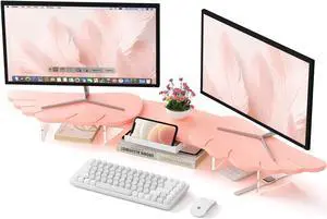 AFOOYO Dual Monitor Stand Riser,Wing-Shaped Sturdy Desktop Computer Wood Stand for 2 Monitors Cute Monitor Riser for Laptop, PC, Computer,Pink