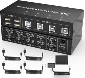 4 Port KVM Switch Dual Monitor Displayport 4K 60Hz, KVM Switch 2 Monitors 4 Computers with 4 USB 2.0 Hub, Dual Monitor Displayport KVM Switch Keyboard Mouse Switcher