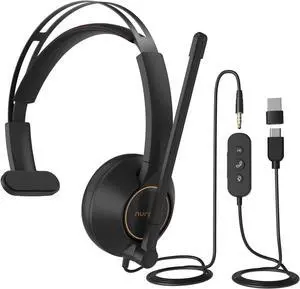 NUROUM HP11SU USB Headset with Microphone for PC, Single-Ear Headphones with ENC Boom Mic, Wired Computer Headset with Inline Control, USB A/Type-C/3.5mm for Work/Home Office/Call Center Zoom/Teams
