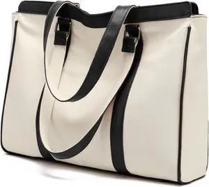 Laptop Bag 15.6 Inch with Zipper Pockets Canvas Work Tote Bags for Women Teacher Ladies, White