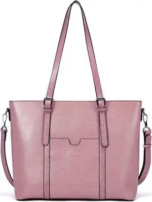 BOSTANTEN Women Leather Laptop Tote Office Shoulder Handbag Vintage Briefcase 15.6 inch Computer Work Purse Pink