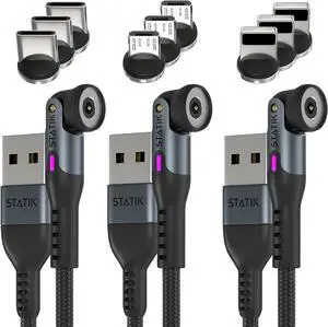 Statik 360 Rotating Magnetic Charging Cable 3 Pack - USB C Charging Cable, 3 Magnet Tips for Magnetic Charger Cable, iProduct, Micro-USB, USB-A & USB C Phone Charger, Black, 6FT/2M