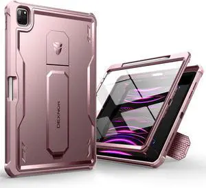 Dexnor for iPad Pro 12.9 Inch Case 2022/2021/2020(6th/5th/4th), Heavy Duty Shockproof Dual Layer Full-Body Bumper Protective Cover with Built-in Screen Protector & Kickstand & Pen Holder - Matte Pink
