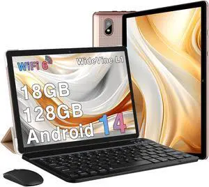DMOAO 2024 Tablet Android 14 Tablets with 128GB ROM+18GB RAM, 1TB Expand 2 in 1 10.1 Inch Tablet with Keyboard, Powerful Octa-Core, WiFi 6, BT5.0, 6000mAh, Widevine L1, Gold