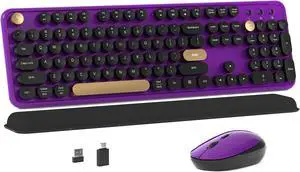 MPTOG Colorful Wireless Computer Keyboard and Mouse Combo with Round Typewriter Keycaps, Retro Design, Power Switch, Ergonomic Design, 2.4GHz Wireless for Windows, Mac, PC(Black-Purple)
