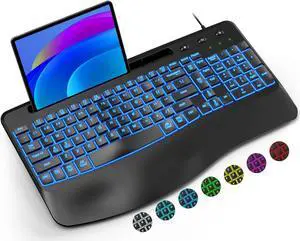 EAYBLLY Ergonomic Backlit Computer Keyboards, USB Wired Lighted Keyboard with 7 Colors, Wrist Rest, Phone Holder, Wave Keys Design, Plug and Play for Windows, Laptop, PC, Desktop, Gaming