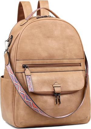 FADEON Leather Laptop Backpack for Women PU Computer Backpacks, Designer Travel Back Pack Purse with Laptop Compartment Camel
