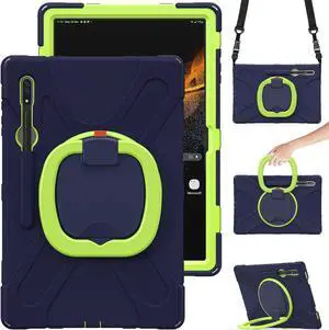 PboyiqiS Heavy Duty Case for Galaxy Tab S9 Plus 12.4 Inch 2023 Model (SM-X810/X816/X818),with S Pen Holder, Shockproof Kids Case with 360 Rotating Stand/Shoulder Strap (Navy+Green)