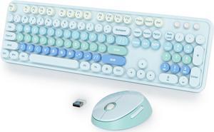 Fogruaden Blue Retro Typewriter Keyboard and Mouse Wireless, 2.4GHz Office Full-Sized Colorful Computer Keyboard with Number Pad and Cute Mouse for Windows PC Desktops Laptop