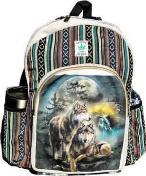 Himalayan Craft Hemp Bag  Large Multi-Pocket Travel Pack, Laptop Unisex, Cotton Stripe Nepali for Festival & Hiking (13 Inch, 2 Large + 2 Bottle Spaces