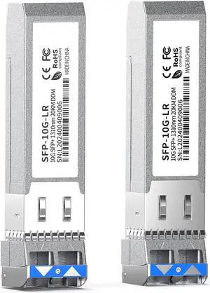 2Pack SFP+ LC 10GBase-LR Transceiver - 10G Single Mode Module, Compatible with Cisco SFP-10G-LR, Ubiquiti UF-SM-10G, Meraki, Mikrotik, Netgear, Aruba, TP-Link and More - 1310nm, SMF, 20km, DDM