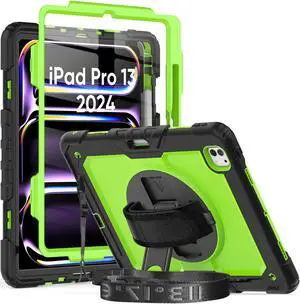 Herize iPad Pro 13 7th Generation Case M4 with Screen Protector Pen Holder | Heavy Duty Silicone Rugged Protection Cover W/Stand Hand Shoulder Strap for iPad Pro 13 Model A2925/A2926/A3007 | Green