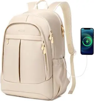 Travel Laptop Backpack for Women 15.6 Inch Computer Backpacks with USB Charging Hole Anti Theft Carry on Bag College Bookbag Large Back Pack for Work Business Traveling Commuter Daypack-Champagne