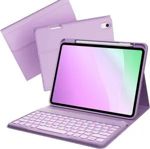 kenke for iPad 10th Generation case with Keyboard (10.9 Inch, 2022), 7 Colors Backlit Detachable Wireless Bluetooth Round Key Keyboard, Flip Stand Case for iPad 10th Generation, Light Purple