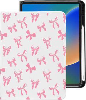 Cute Kawaii Pink Bow for iPad Air 11 Inch Case M2 2024 (6th Generation) with Pencil Holder, Auto Sleep/Wake and Multiple Viewing Angles, White Leather Soft TPU Back Cover