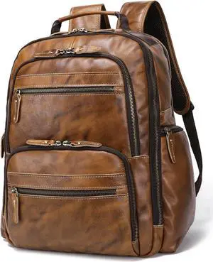 Vintage Full Grain Leather Backpack For Men, 17.3'' Laptop Bag Causal Rucksack Shoulder Bag Overnight For Business/Travel/Camping