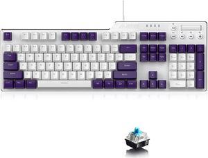 Lomiluskr Wired Mechanical Gaming Keyboard, 104 Keys and 6 Media Keys Anti-Ghosting, 2 Colors PBT Keycap, Hot-swappable Switch, Elegant White Backlight, Aluminum Panel (Purple&White, Blue Switch)
