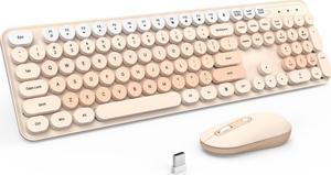 Wireless Keyboard and Mouse, Silent Keyboard Mouse Combo, Full-Sized Colorful Typewriter Keyboard with Round Keycaps, 2.4G Cute Mouse Compatible with PC/Laptop/Computer(Milk Tea)