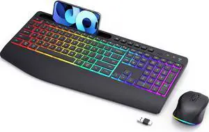 Wireless Keyboard and Mouse Combo - Dual System RGB Backlit Mouse and Keyboard,2.4G Rechargeable,Full-Sized Ergonomic Silent Design with Phone Holder for Windows Mac PC Laptop (Black-V1)